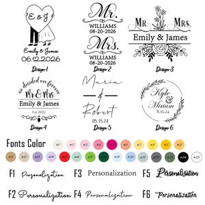 May include: A collection of six black and white wedding stamp designs featuring names and dates, a color palette with twenty-five numbered circles, and six font style options labeled F1 through F6, all displayed on a plain white background.