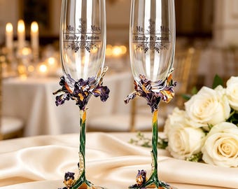 Personalized Iris Enamel Champagne Flutes, Engraved Crystal Toasting Glasses, Handcrafted Iris Floral Design, Custom Wedding,Engagement Gift