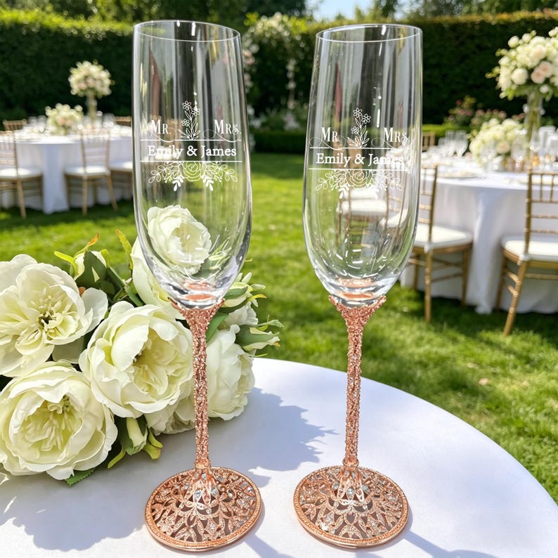 May include: Two clear glass champagne flutes with rose gold textured stems and bases. Each glass features white etched floral designs and the text "MR & MRS" above the names "Emily & James" centered on the bowl of the glass.