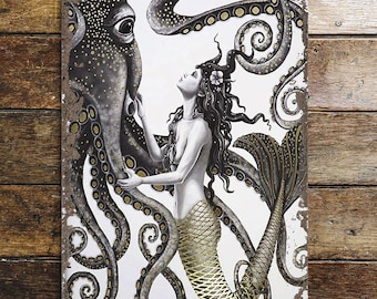 Mermaid & Octopus Metal Sign – Sea Bathroom Wall Art - Design 2