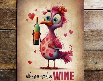 All You Need Is Wine Metal Sign – Funny Lovebird Wine Bottle Wall Plaque