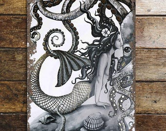 Mermaid Kissing Octopus Metal Sign – Sea Bathroom Wall Art