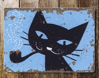 Letrero metálico de gato negro para pipa: placa de pared vintage con un toque humorístico