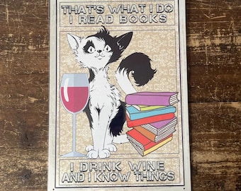 Funny Book Lover Metal Sign – Wine, Books & Cat Art Plaque