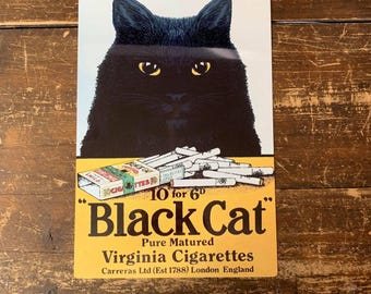 Black Cat Cigarettes – Vintage Metal Advertising Wall Sign, Retro Tobacco Poster Art