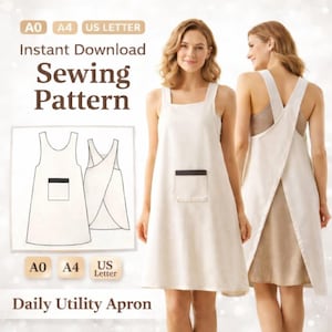 May include: A cream-colored apron with a square neckline and a front pocket with a dark trim. The image includes a sewing pattern diagram and text that reads "Sewing Pattern" and "Daily Utility Apron."