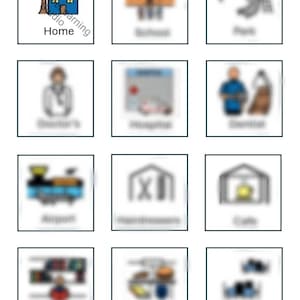 May include: A grid of twelve illustrated icons representing different locations. The top row features a house labelled "Home", a school, and a park with a swing set and slide. The second row shows a doctor's office, a hospital, and a dentist. The third row depicts an airport, a hairdresser, and a cafe. The bottom row shows a library, a shopping centre, and a restaurant.