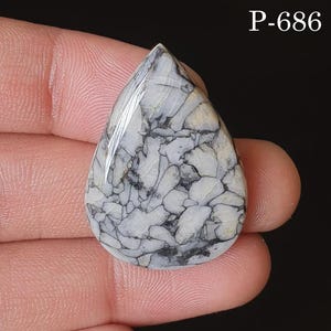May include: A teardrop-shaped gemstone with a polished surface. The stone features a mosaic pattern of white and gray, with dark gray veins. The gemstone is held between fingers against a dark background. The text "P-686" is in the upper right corner.