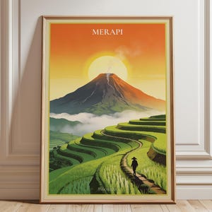 Poster van een rokende vulkaan, muurdecoratie van de Merapi-vulkaan op Java, dramatische landschapsprint, Indonesische bergdecoratie, sfeervolle natuurkunst