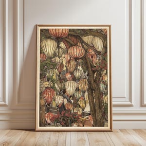Hoi An Vietnam Poster, Lantern Tree Ink Watercolor Printable Wall Art, 300 DPI Digital Download