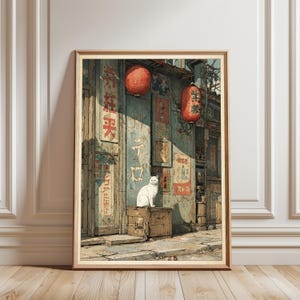 Arte de pared de gato japonés, póster de gato blanco con linternas rojas, ilustración imprimible de calle Showa