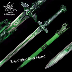 Spada in acciaio 1060 forgiata a mano, lama incisa con fluorescenza verde, pezzo da esposizione tematico
