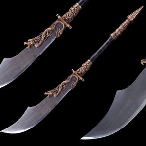 May include: A polearm featuring a curved steel blade and a black handle. The bronze-coloured hilt is decorated with an intricate dragon relief and floral patterns. A pointed bronze finial sits at the top of the handle, completing the weapon design.