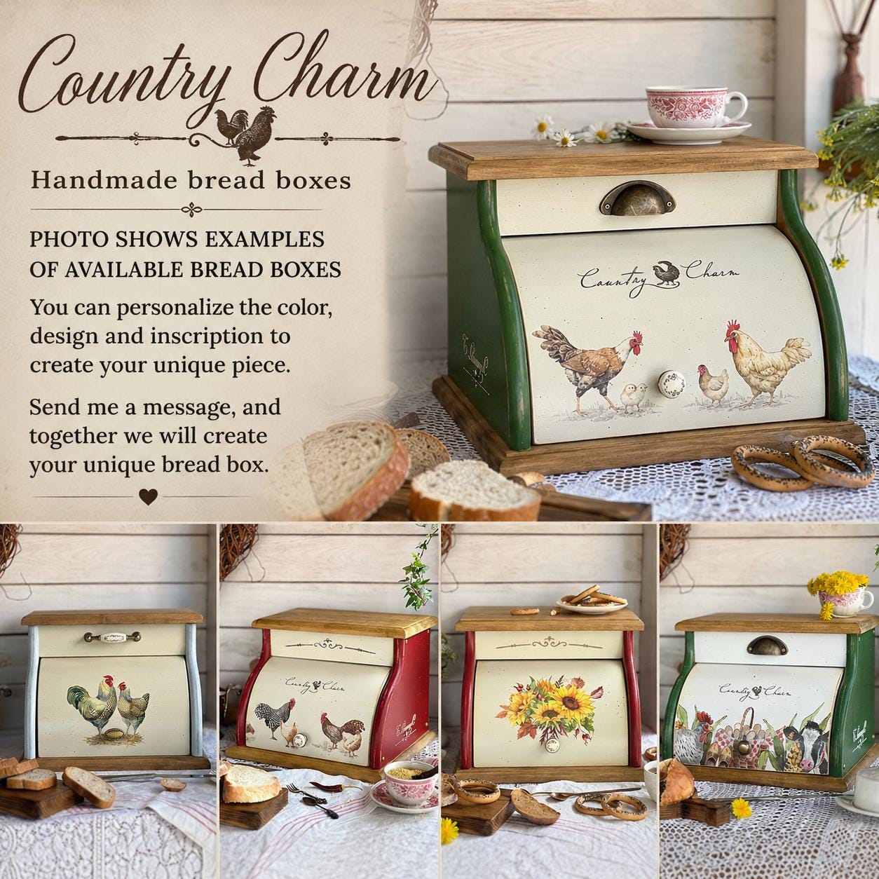 Handmade Green Wooden Bread Box With Rooster,country Chicken