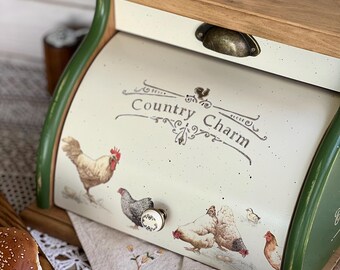 カントリーファニチャー　bread box Handmade Green Wooden Bread Box With Rooster,country Chicken