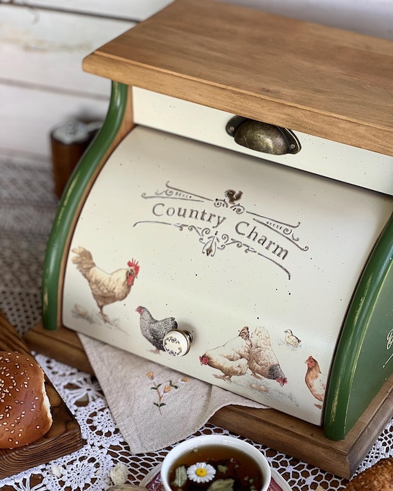 Handmade Green Wooden Bread Box With Rooster,country Chicken