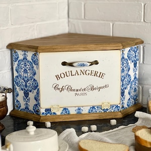 Corner  Wooden Bread Box, Bread Storage Box,  Farmhouse Kitchen, French Country, Cottagecore Decor, Gift for Family, Housewarming Gift