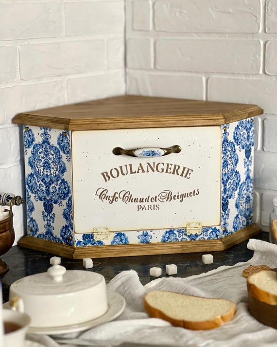 Corner  Wooden Bread Box, Bread Storage Box,  Farmhouse Kitchen, French Country, Cottagecore Decor, Gift for Family, Housewarming Gift