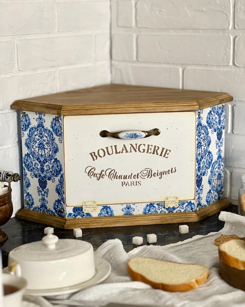 Corner Wooden Bread Box, Bread Storage Box, Farmhouse Kitchen, French Country, Cottagecore Decor, Gift for Family, Housewarming Gift image 1