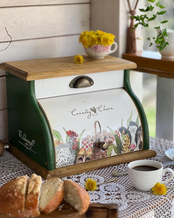 Farm Animal Solid Wood Bread Box | Green Farmhouse Wooden Bread