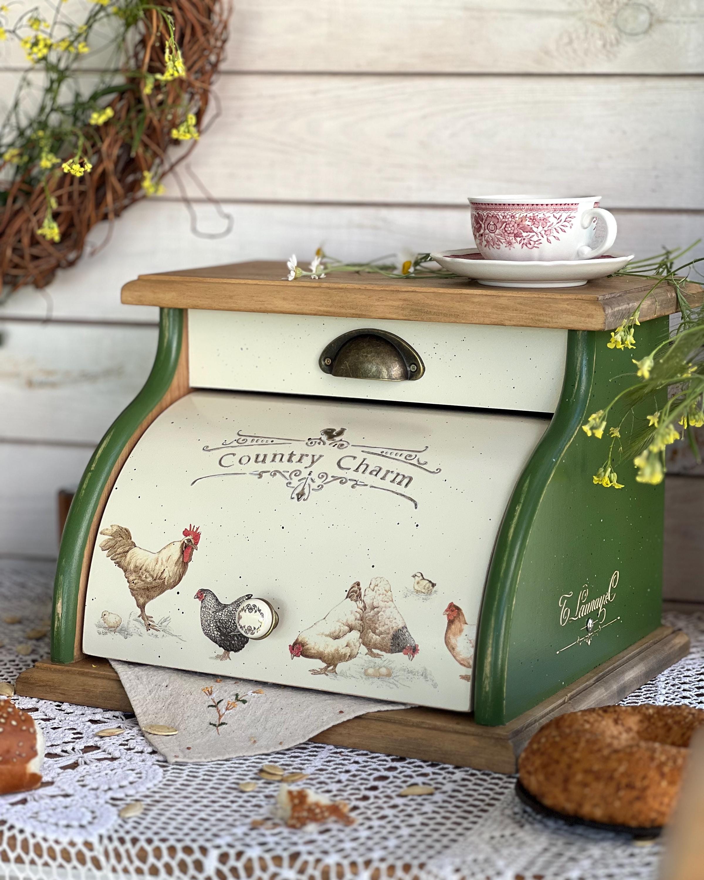 Handmade Green Wooden Bread Box With Rooster,country Chicken
