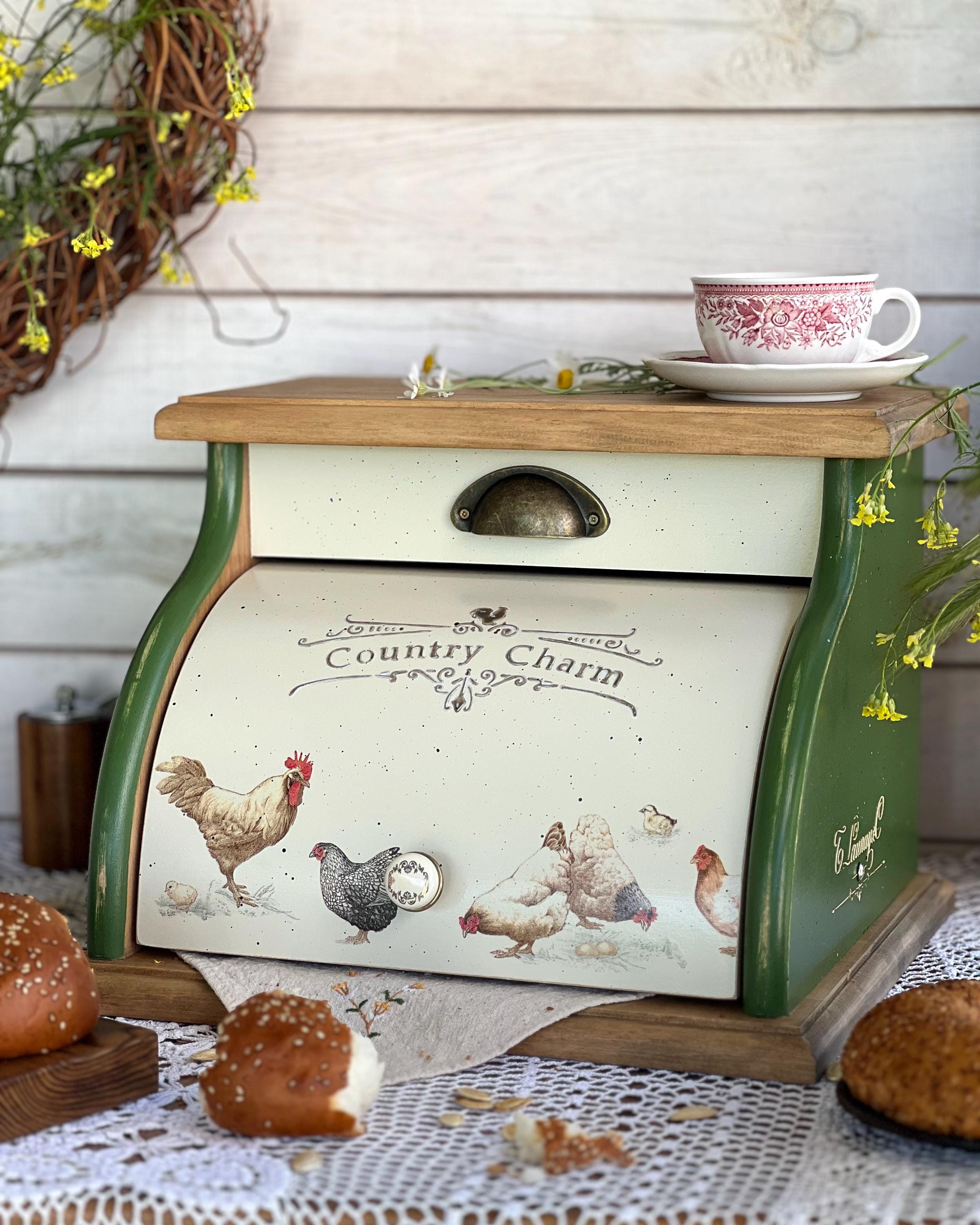 Handmade Green Wooden Bread Box With Rooster,country Chicken