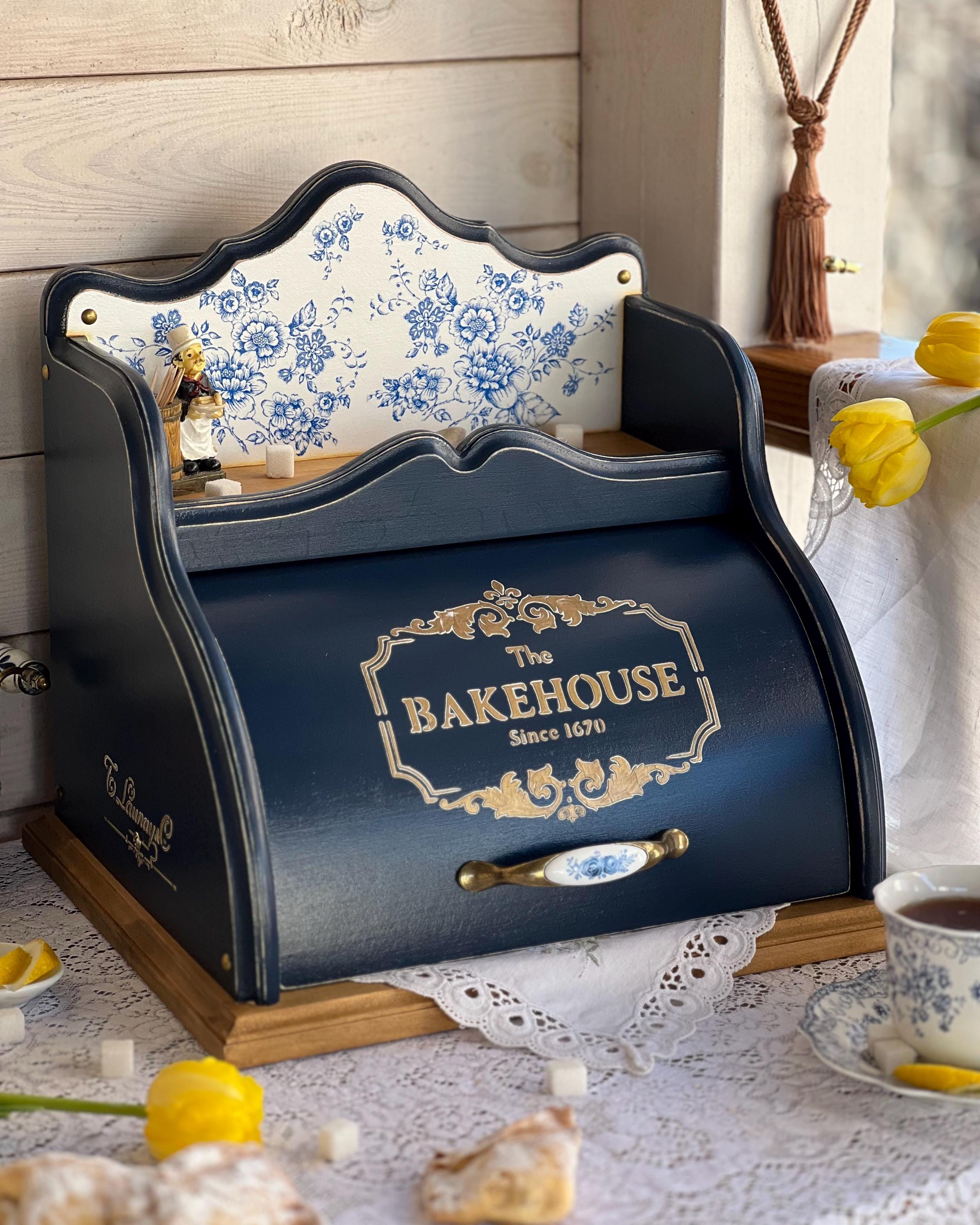 Solid Hardwood Bread Box With Shelf | Royal Blue Chinoiserie Bread