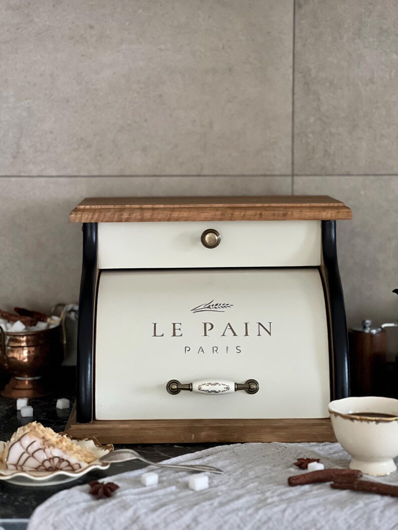Vintage Black Wooden Bread Box, Bread Storage Box, Kitchen Counter Bread Box, French Country, Housewarming Gift, Baker Gift image 4