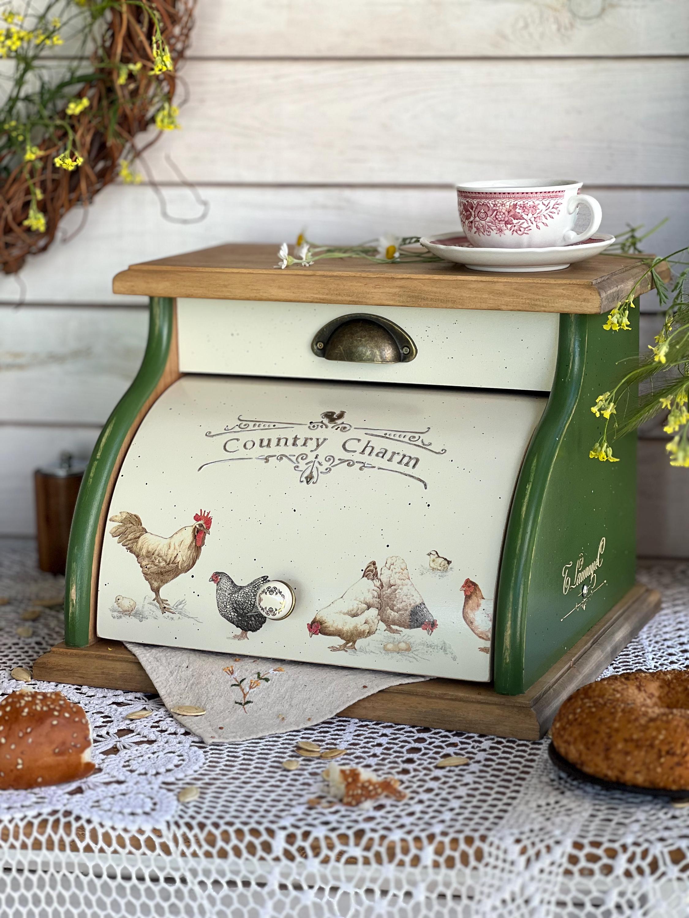 Handmade Green Wooden Bread Box With Rooster,country Chicken