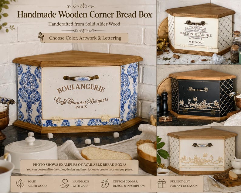 Corner Wooden Bread Box, Bread Storage Box, Farmhouse Kitchen, French Country, Cottagecore Decor, Gift for Family, Housewarming Gift image 5