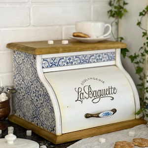 Handcrafted Solid Alder Wood Bread Box, Vintage Azulejo Style Bread Bin, Artisan Kitchen Decor