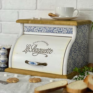 Handcrafted Solid Alder Wood Bread Box, Vintage Azulejo Style Bread Bin, Artisan Kitchen Decor