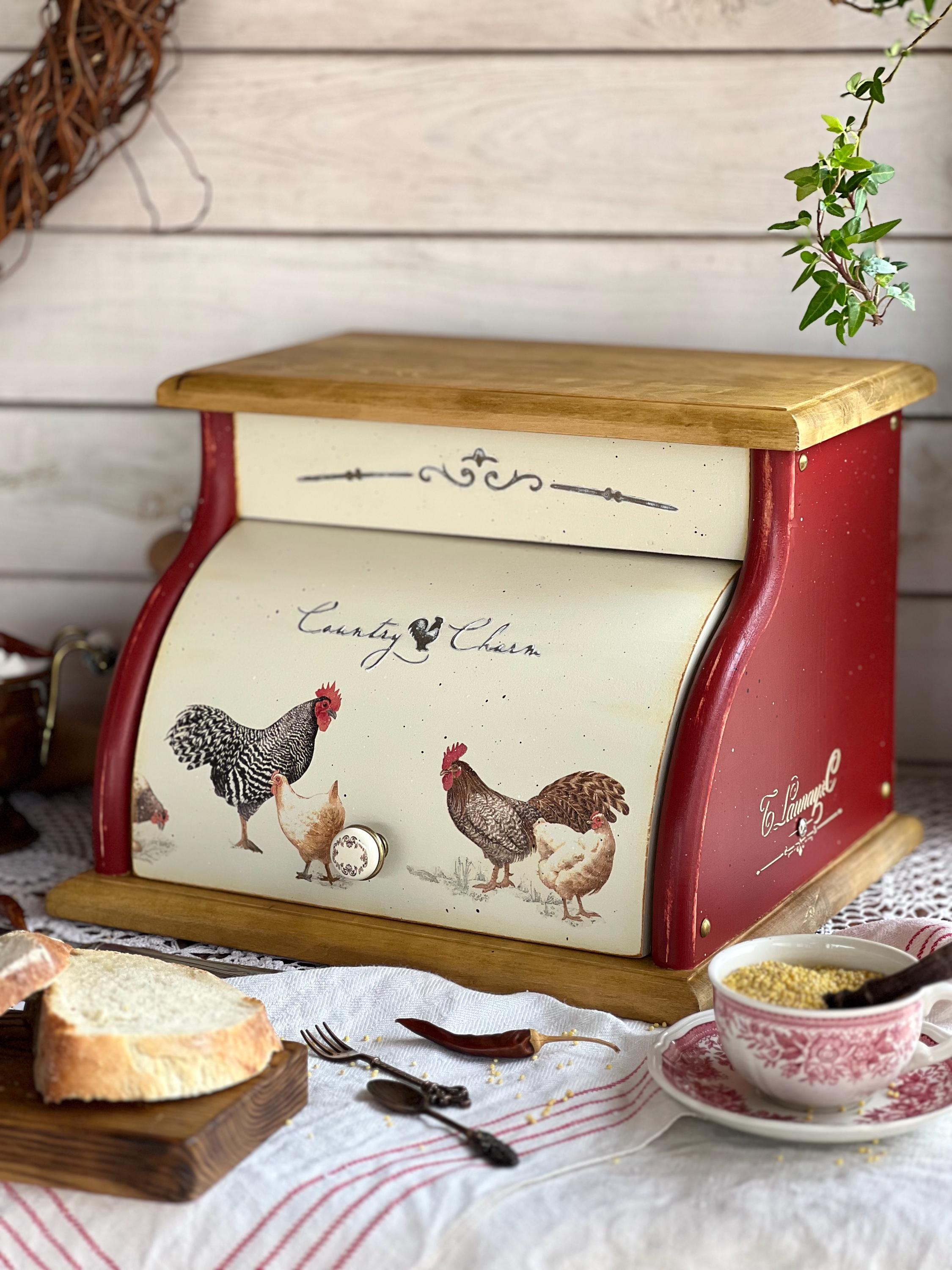 Handmade Red Wooden Bread Box With Rooster, Country Chicken