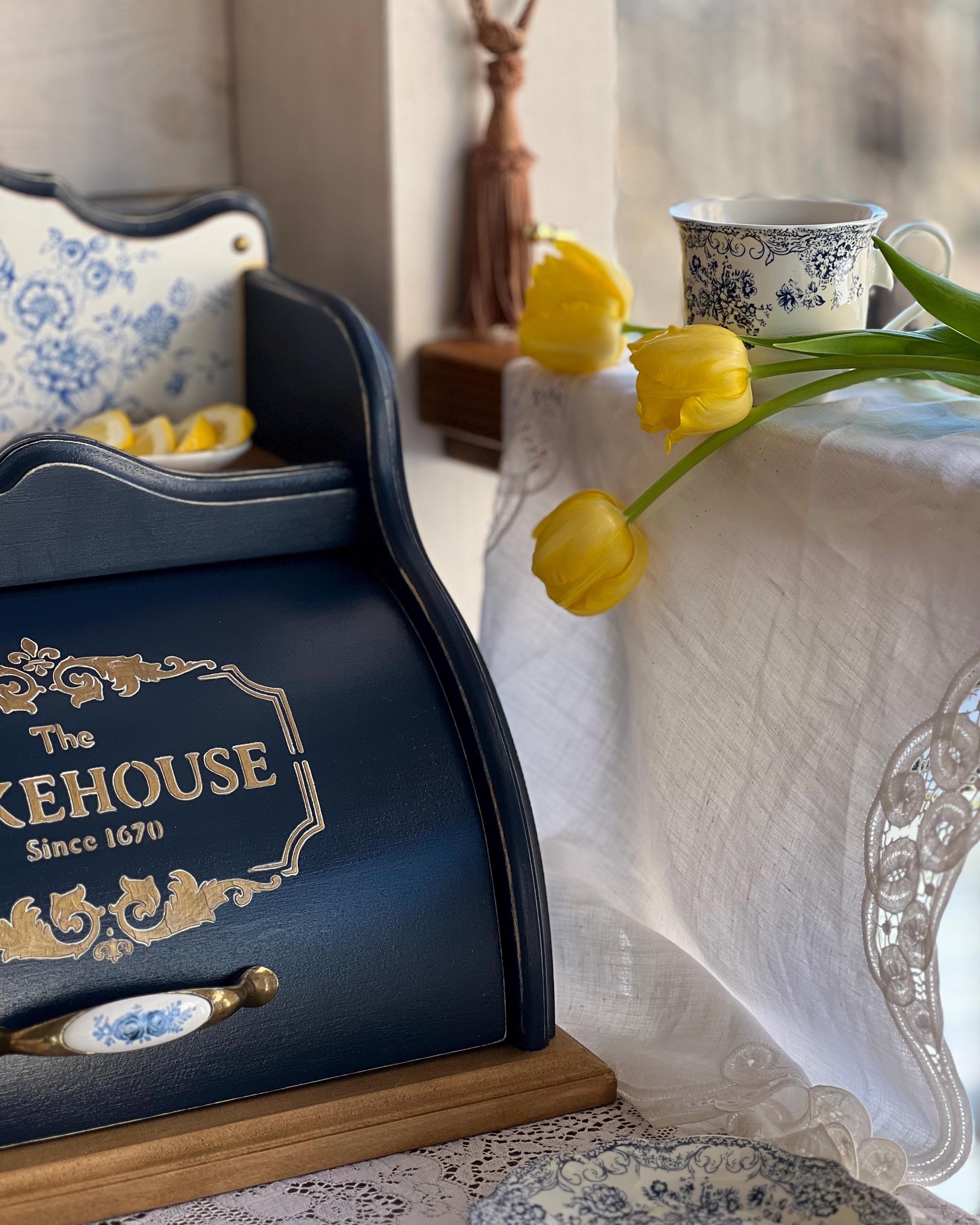 Solid Hardwood Bread Box With Shelf | Royal Blue Chinoiserie Bread