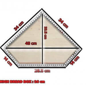 May include: A pentagonal wooden bread box with a light wood grain finish. The dimensions are labelled as 34 cm, 33.5 cm, 48 cm, 14 cm, 28.5 cm, and a high bread box height of 26 cm. The edges are outlined with a white dotted border pattern.