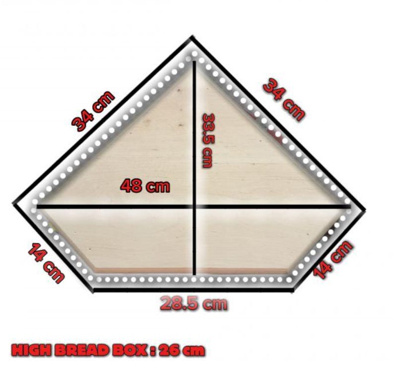 May include: A pentagonal wooden bread box with a light wood grain finish. The dimensions are labelled as 34 cm, 33.5 cm, 48 cm, 14 cm, 28.5 cm, and a high bread box height of 26 cm. The edges are outlined with a white dotted border pattern.