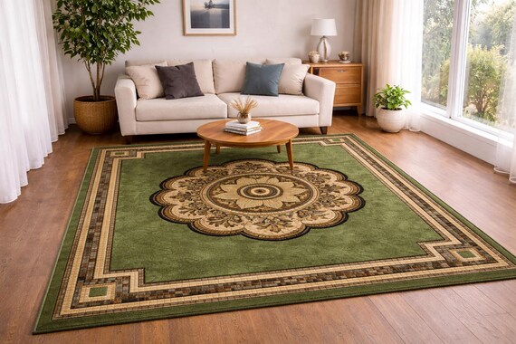 Elegant Green Medallion Tufted Area Rug – Classic Bordered Carpet for Living Room & Bedroom