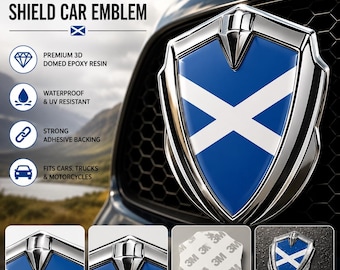 Emblema per auto con scudo e bandiera scozzese – Distintivo premium in resina epossidica 3D bombata con cornice in metallo effetto cromato per auto, camion, SUV e motociclette