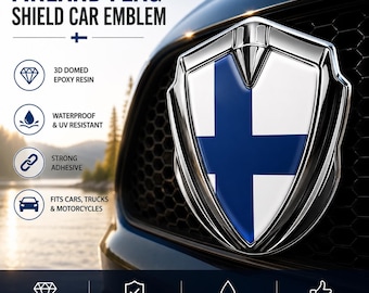 Emblema per auto con scudo e bandiera finlandese – Distintivo premium in resina epossidica 3D bombata con cornice in metallo effetto cromato per auto, camion, SUV e motociclette