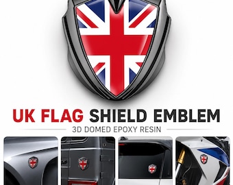 Emblema per auto Union Jack Shield – Distintivo in resina bombata 3D di alta qualità con cornice in metallo cromato per auto, camion, SUV e motociclette