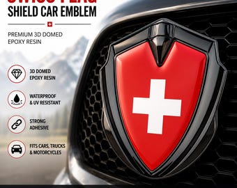 Emblema per auto con scudo e bandiera svizzera – Distintivo premium in resina epossidica 3D bombata con cornice in metallo effetto cromato per auto, camion, SUV e motociclette