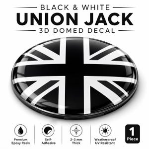 May include: A circular 3D domed decal featuring a black and white Union Jack design. The text reads BLACK & WHITE UNION JACK 3D DOMED DECAL. Icons indicate premium epoxy resin, self-adhesive backing, 2-3 mm thickness, and UV resistance.