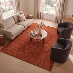 Terracotta wollen vloerkleed met reliëf, geometrisch getuft vloerkleed in brandoranje, organisch modern vloerkleed met 3D-golfpatroon, minimalistische vloermat uit het midden van de vorige eeuw.