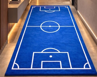 Soccer Field Rug, Blue Football Area Carpet for Kids Room, Sports Theme Boys Playroom Decor