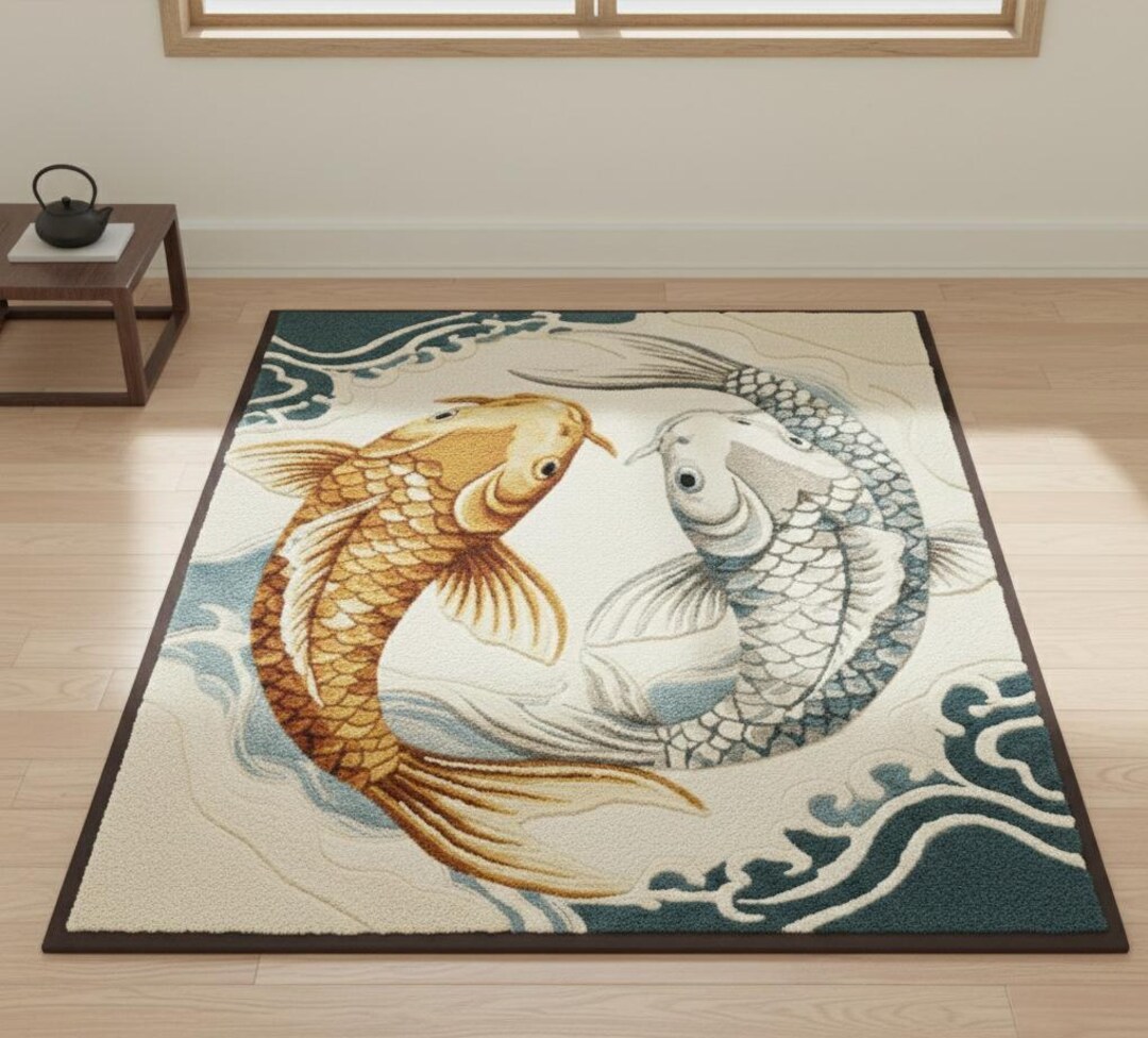 Fish Rug Handade Koi Fish Yin Yang Hand Tufted Rug, Japanese Zen Area Rug, Handmade Wool ...