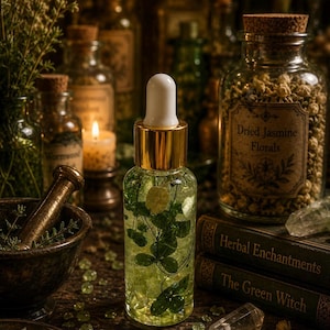 May include: A clear glass dropper bottle filled with a light green liquid containing small green leaves and a white flower. The bottle features a gold collar and a white rubber dropper top. It is positioned among various apothecary items.