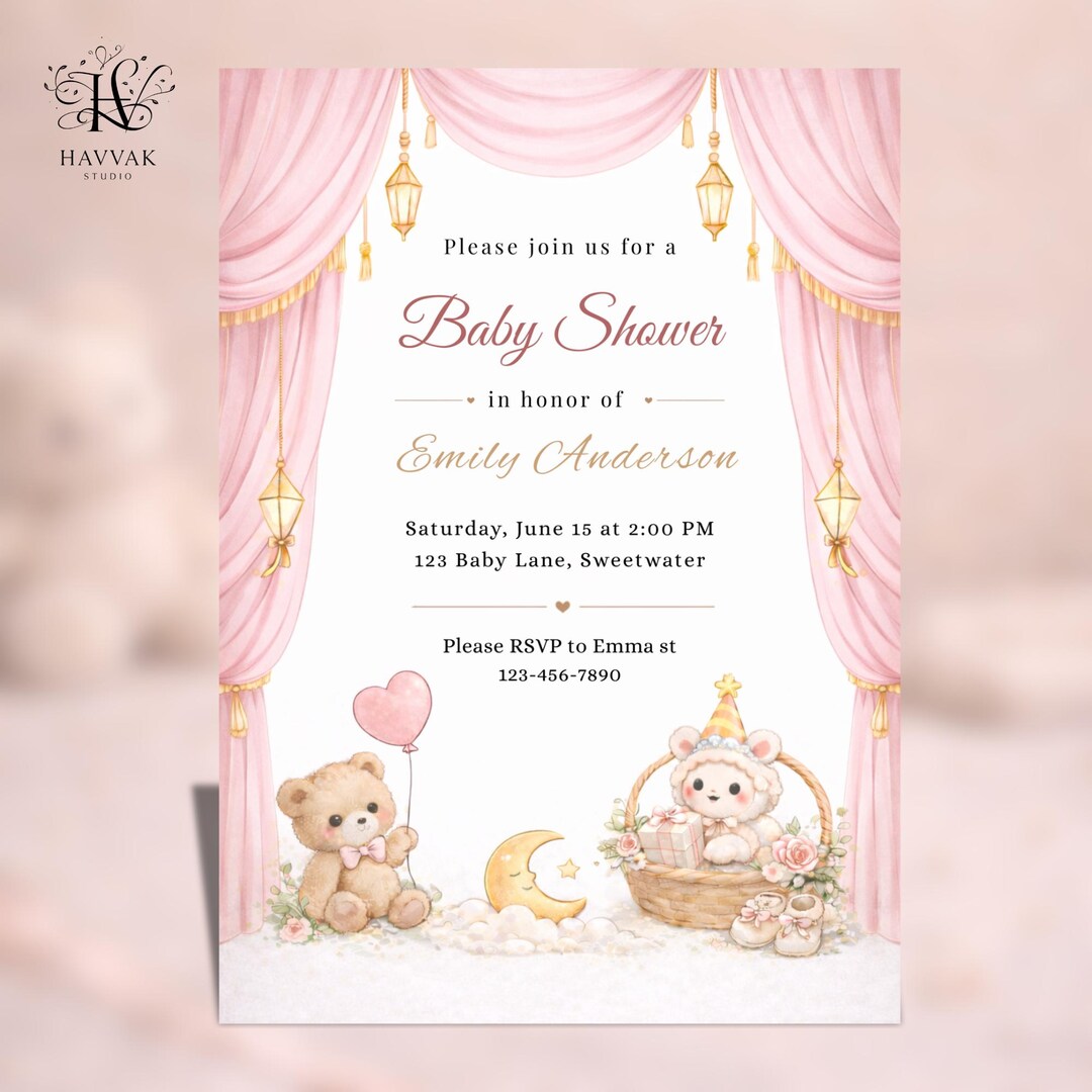 Pink Curtain Teddy Bear Baby Shower Invitation Template, Editable Canva ...