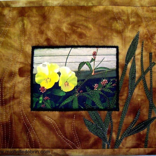 SALE Quilted art, appliqued flower photo printed on fabric, free-motion stitched, hangs from ribbon tab