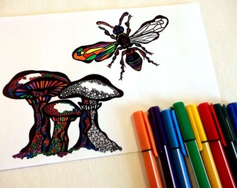 COLOURING SHEET - Bug and Mushroom Doodled Meditative Art, downloadable PDF