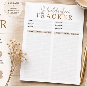 Könnte beinhalten: Ein ausdruckbares Schuldenfrei TRACKER Dokument mit Spalten für Datum, Zahlung und neuen Saldo. Die Seite enthält Felder für Monat, Startsaldo, Zielsaldo, Zieldatum, Notizen und Motivation in einem übersichtlichen, hellen Design.